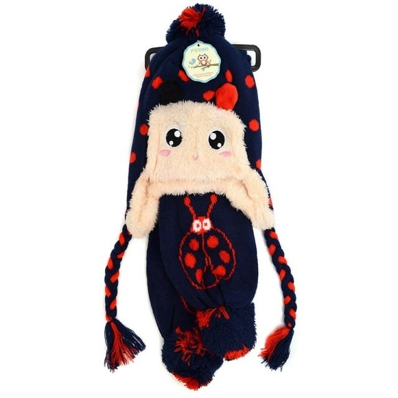 Polka Dot Ladybug Winter Knitted Ear Flap Lined Pom Beanie Hat and Scarf Set - Picture 2 of 2